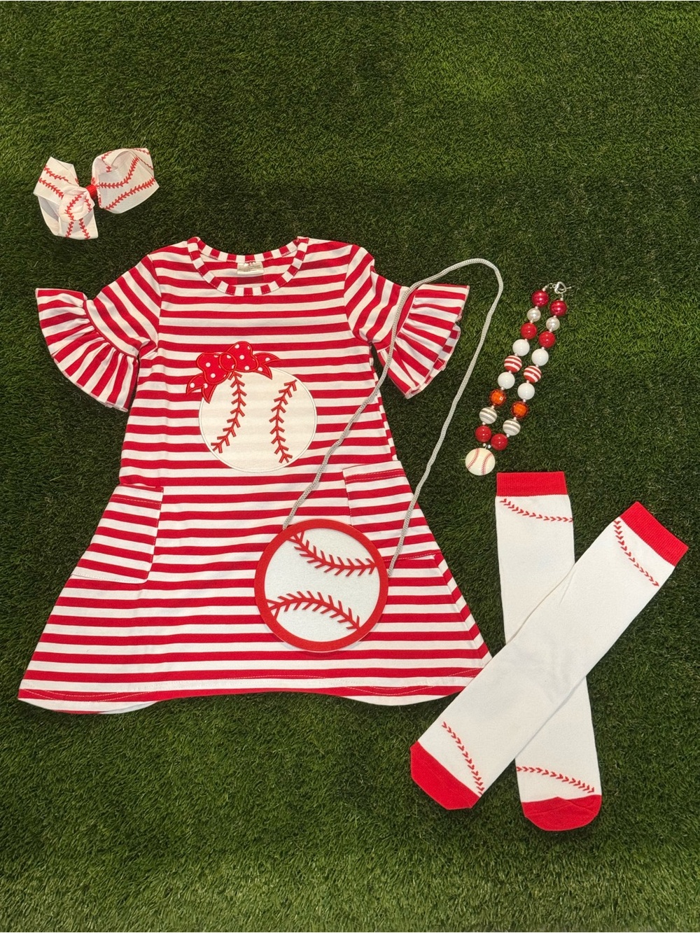Girl’s Boutique Red & White Striped Baseball Dress with Matching Accessories